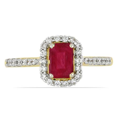 BUY 14K GOLD NATURAL GLASS FILLED RUBY GEMSTONE WHITE DIAMOND HALO RING